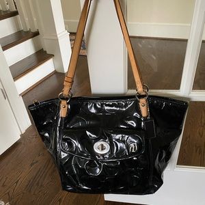 Classic black patent embossed Coach tote